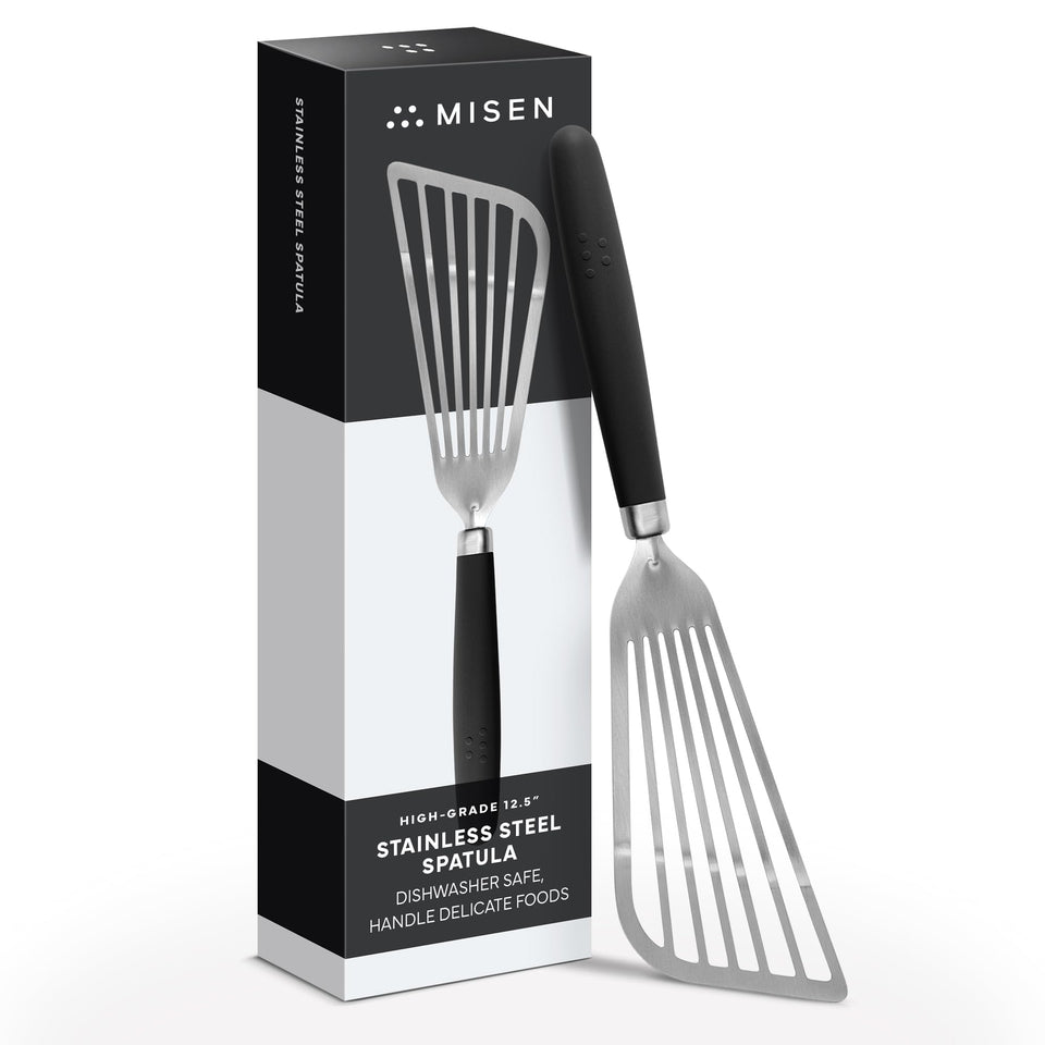 Misen fish spatula slotted turner showing heat resistance for frying
