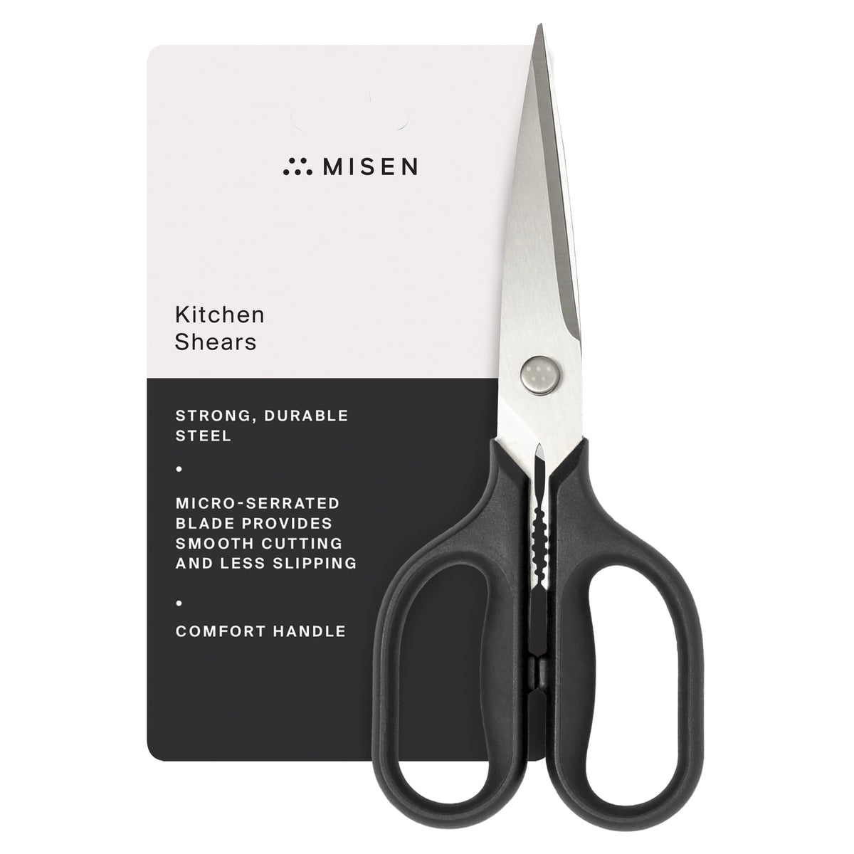 Misen Heavy Duty Kitchen Shears blade closeup with micro-serrated edge for precise cuts.