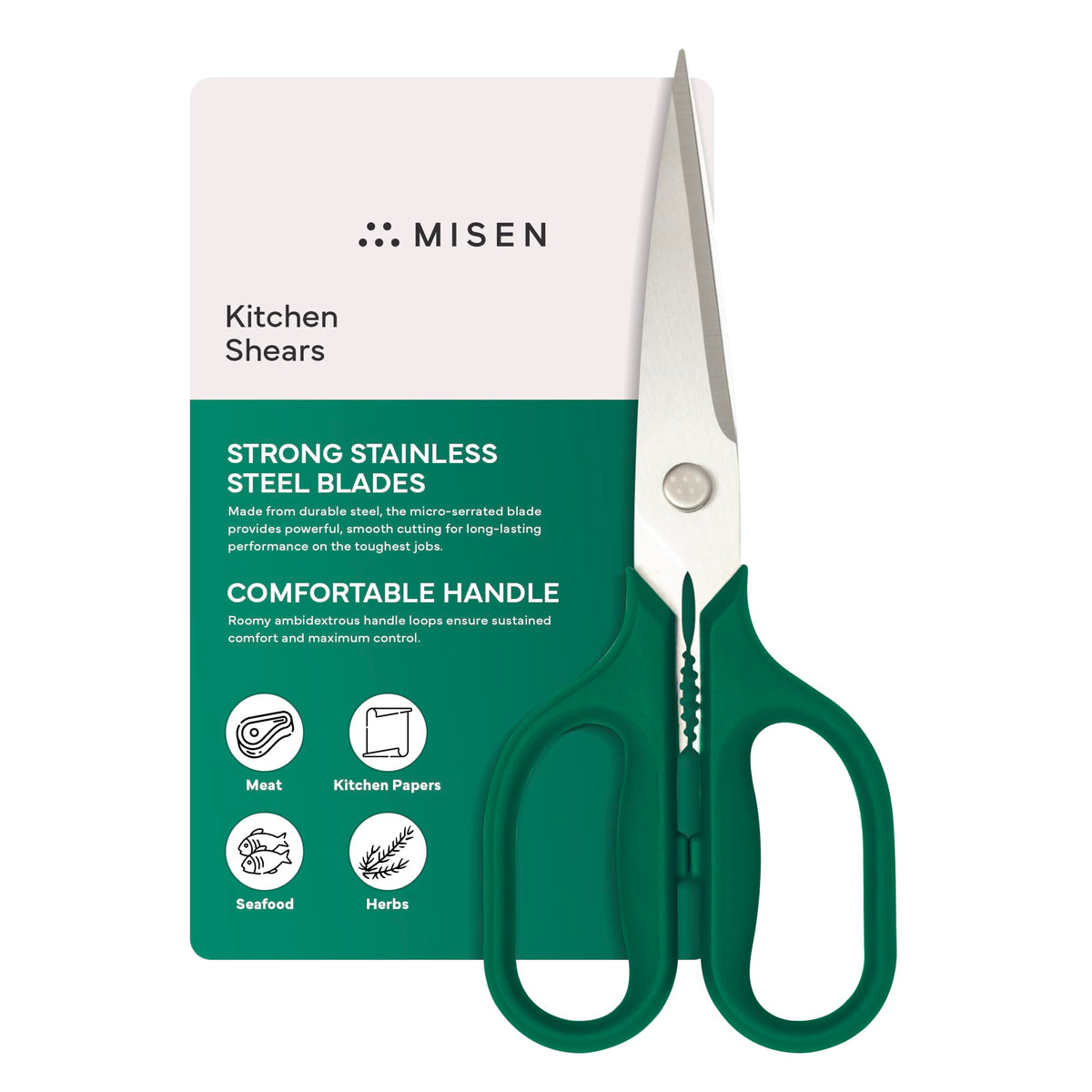 Misen heavy-duty shears blade close-up for precise cuts in meat and herbs.