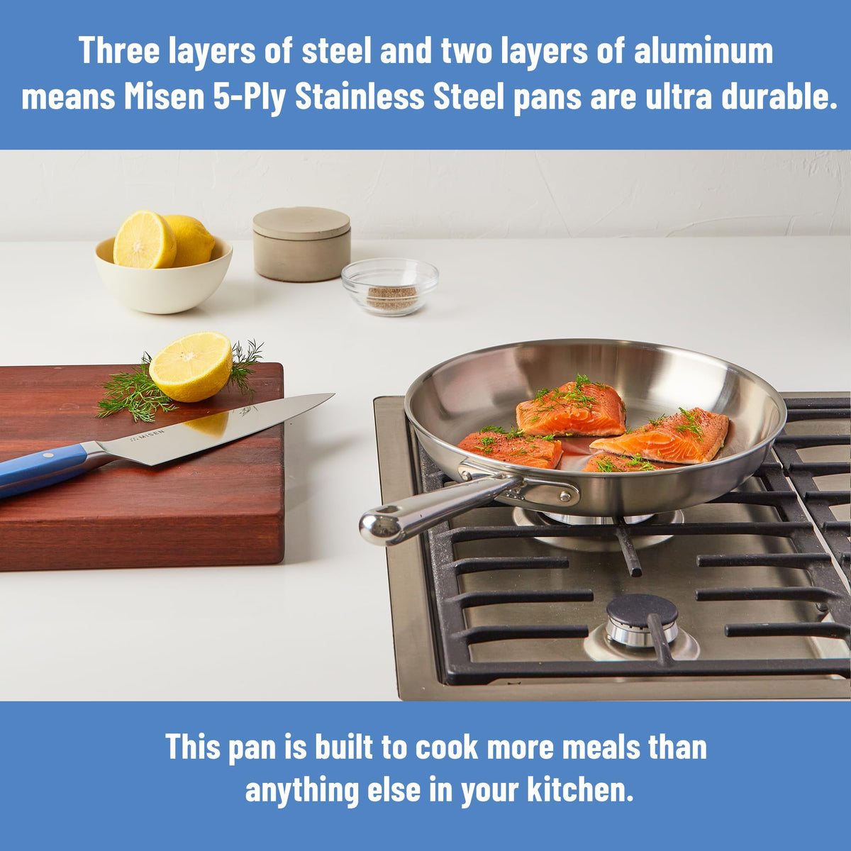 Misen stay-cool handle offers safe, comfortable grip during high-heat cooking.