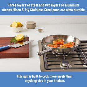 Misen stay-cool handle offers safe, comfortable grip during high-heat cooking.