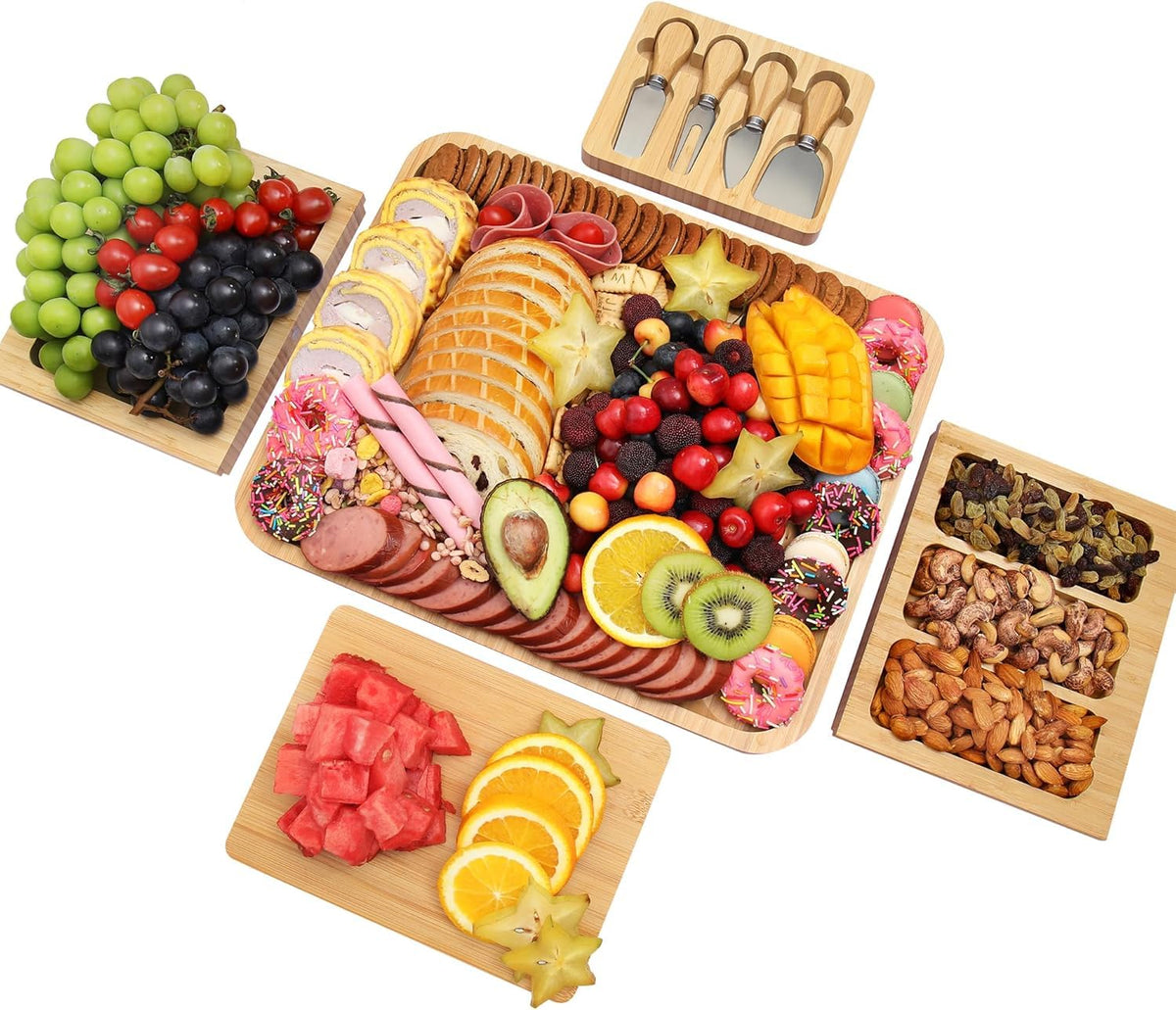 Miskoey charcuterie board with stainless knives and bowls for diverse platters.