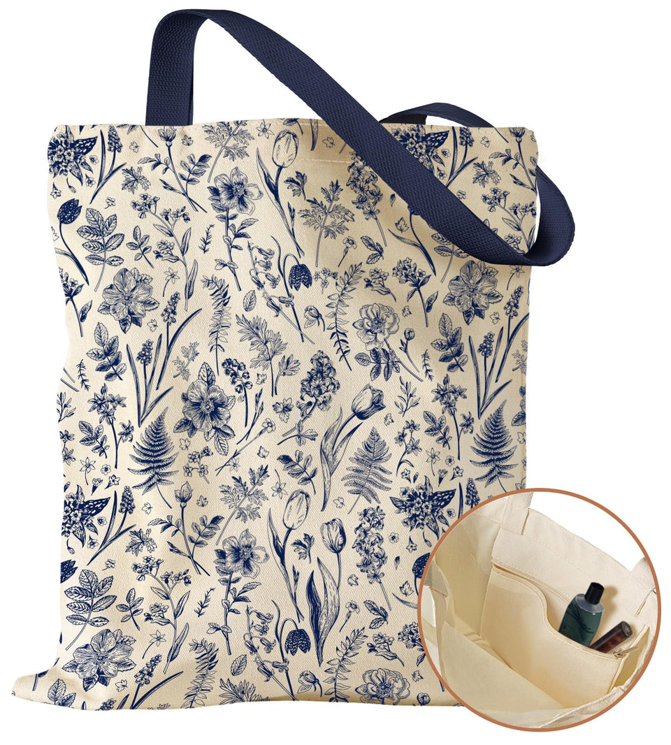 Miss Adola canvas tote with blue line flower pattern for daily use