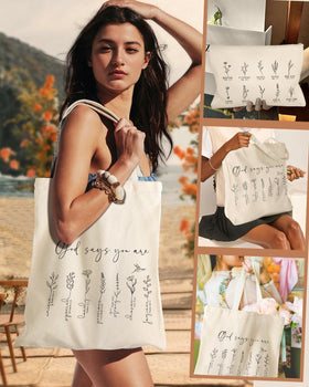 Miss Adola aesthetic canvas tote side view highlighting durable handles for daily carry.