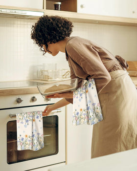 Miss Adola colorful flower design towels add decorative touch to kitchen and table.