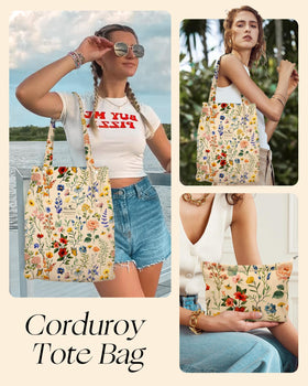 Miss Adola corduroy makeup pouch complements the tote with organized beauty essentials.