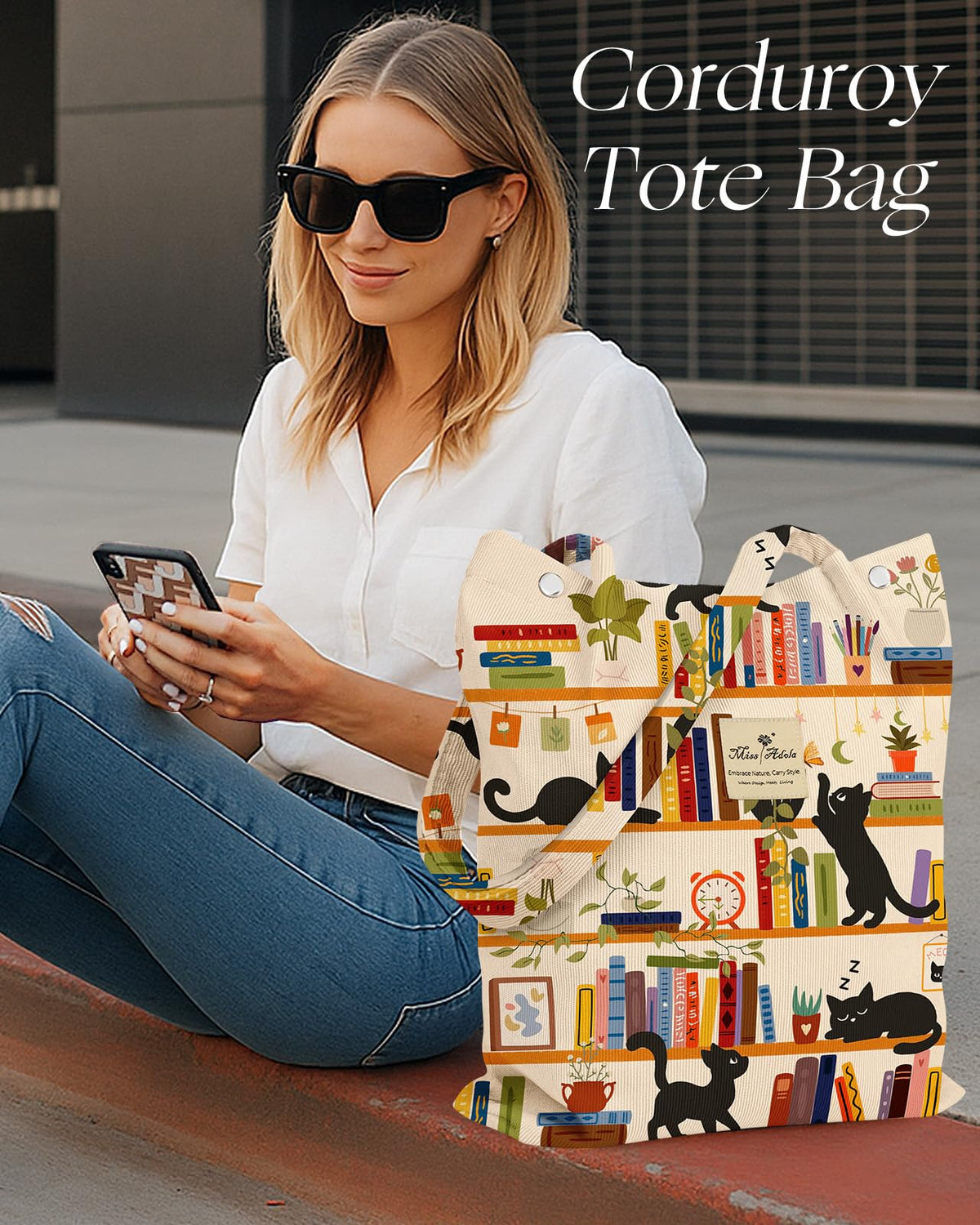 Miss Adola corduroy tote bag carrying groceries for everyday use