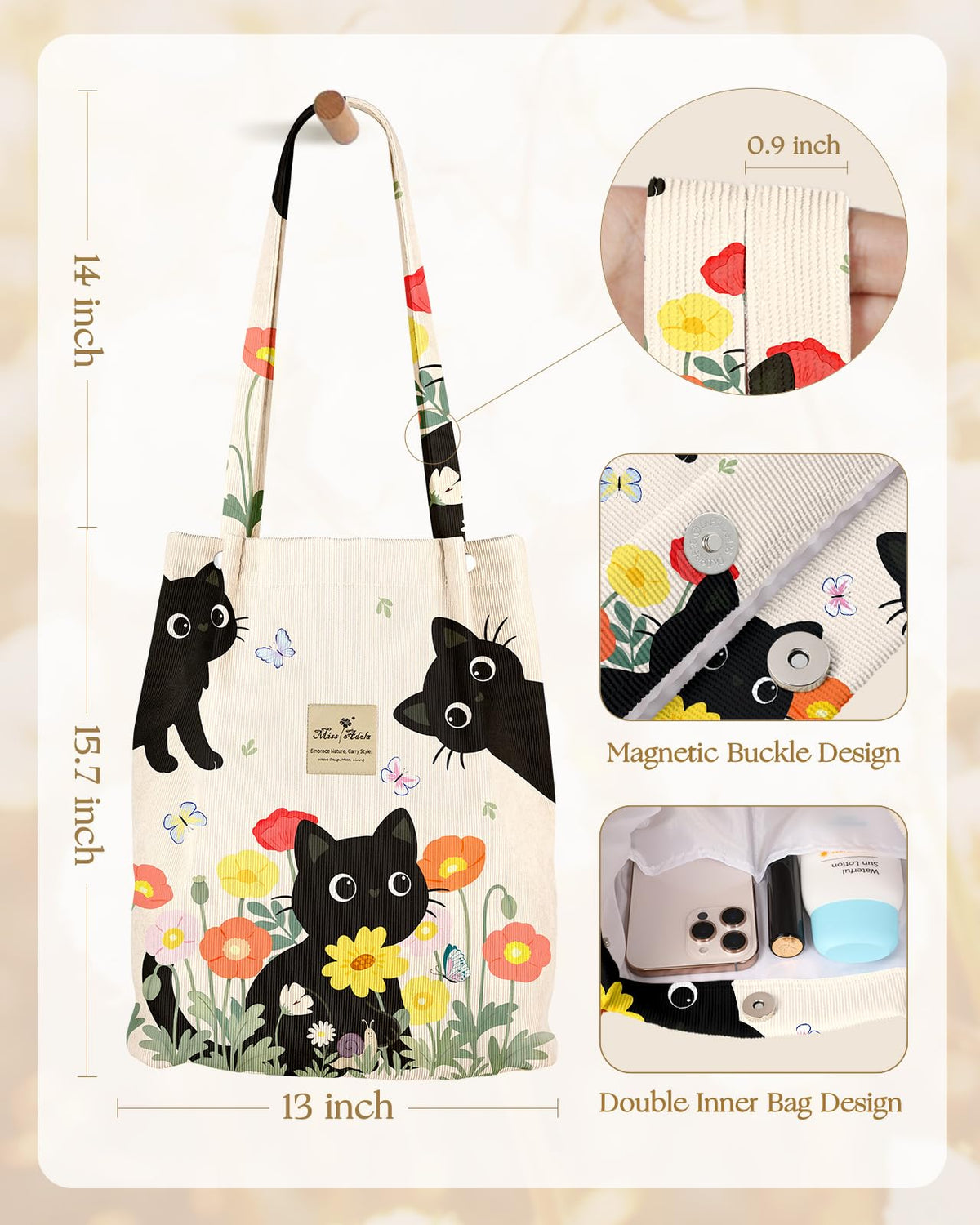 Miss Adola corduroy tote bag lightweight design for all-day daily outings.