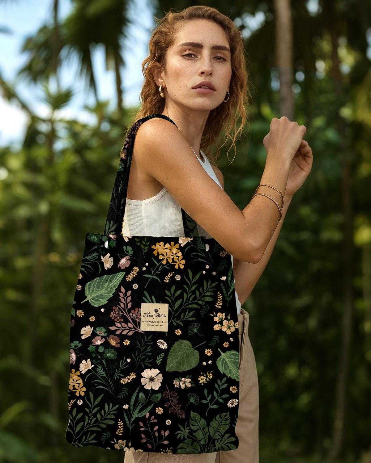 Miss Adola corduroy tote bag magnetic closure secures items on the go