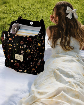 Miss Adola Corduroy Tote Bag side pocket view keeps keys organized.
