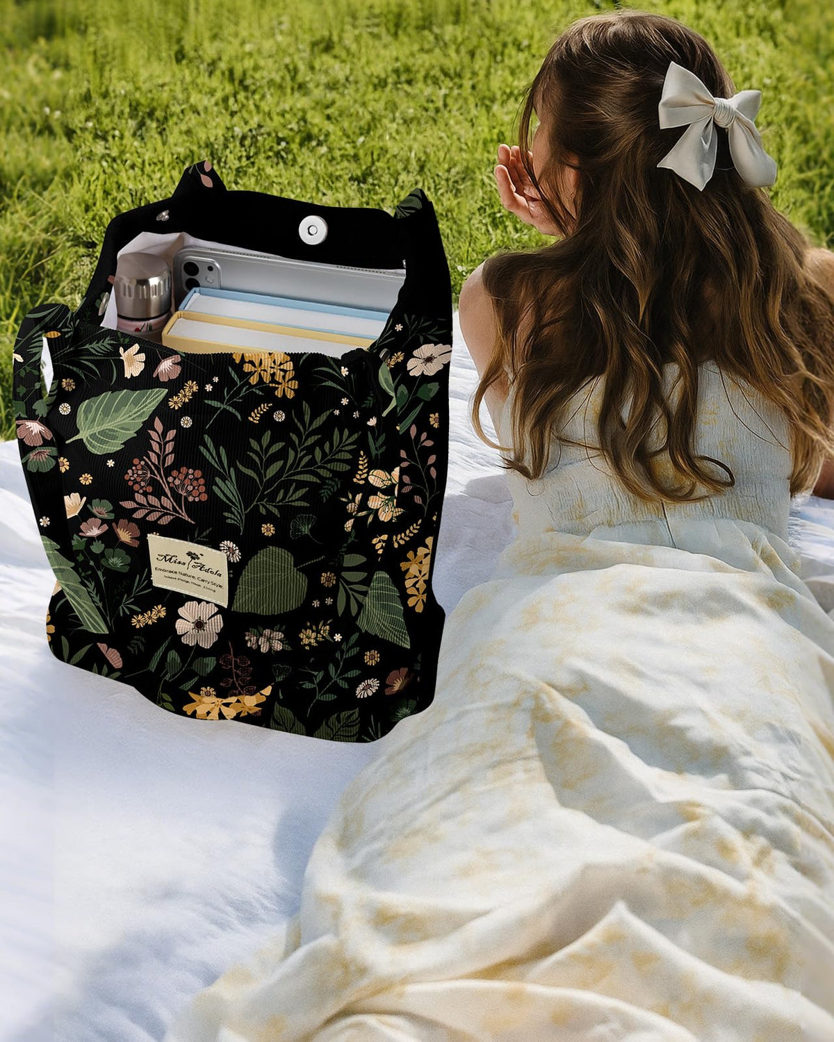 Miss Adola corduroy tote bag side pocket for convenient small-item storage