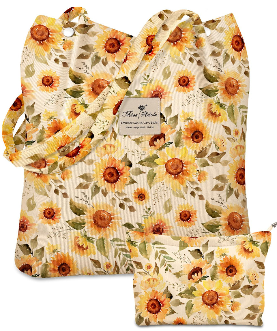 Miss Adola corduroy tote bag with sunflower detail, roomy for groceries and daily items