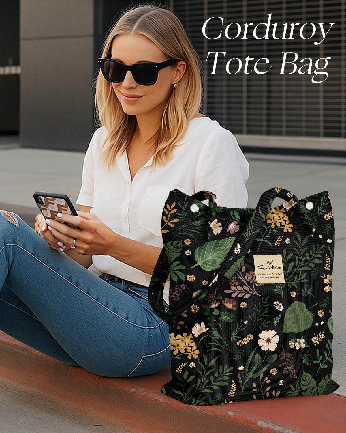 Miss Adola corduroy tote bag ready for travel, shopping, and errands