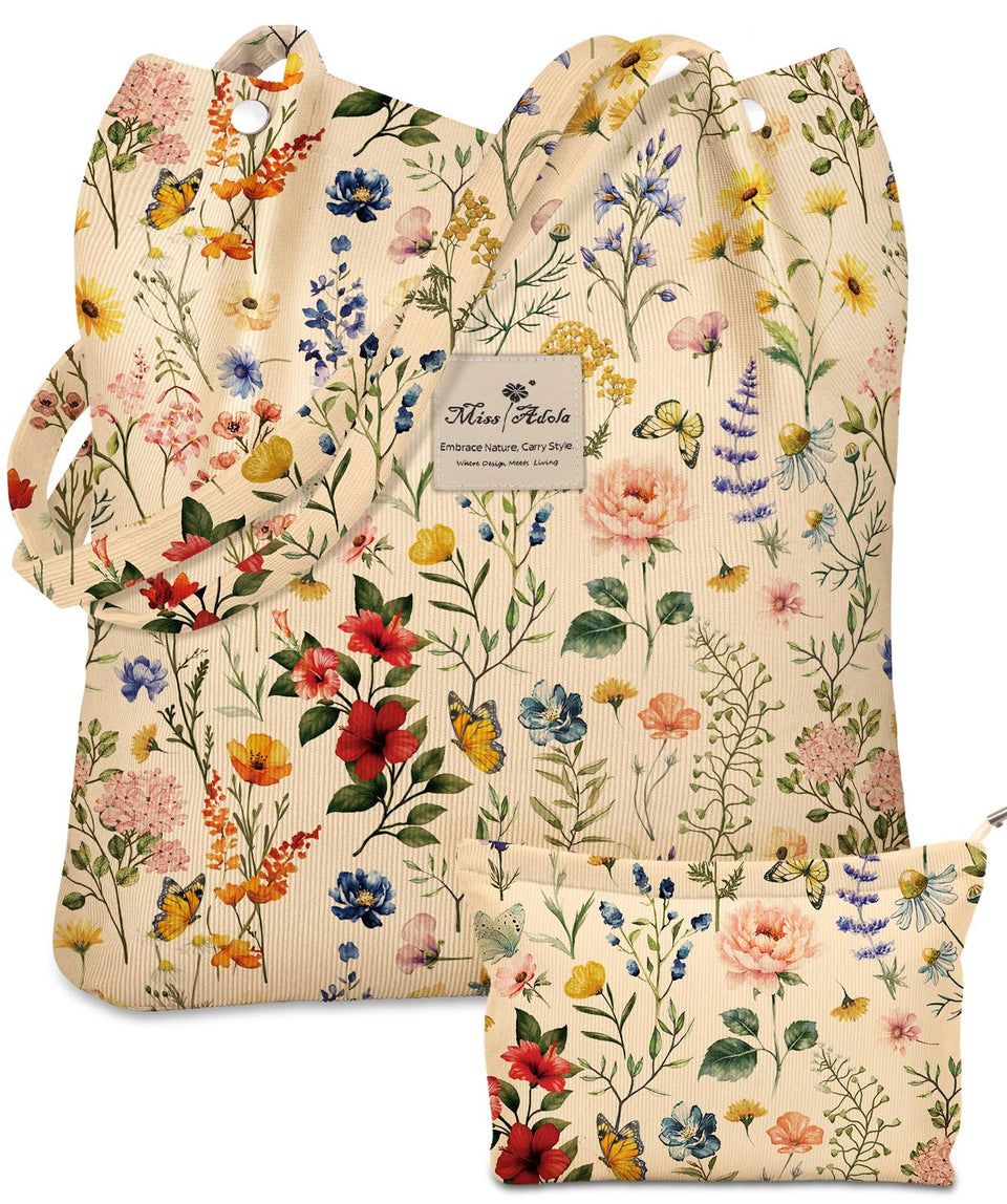 Miss Adola corduroy tote with beige flower design for everyday errands and stylish carry.