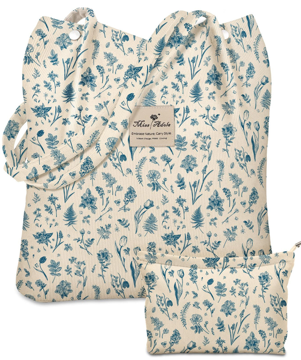 Miss Adola corduroy tote with blue line flower design, ideal for everyday shopping