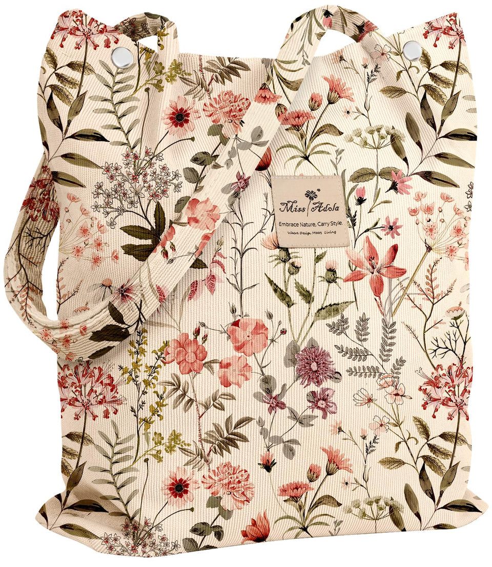 Miss Adola corduroy tote bag showing its large capacity for daily essentials.
