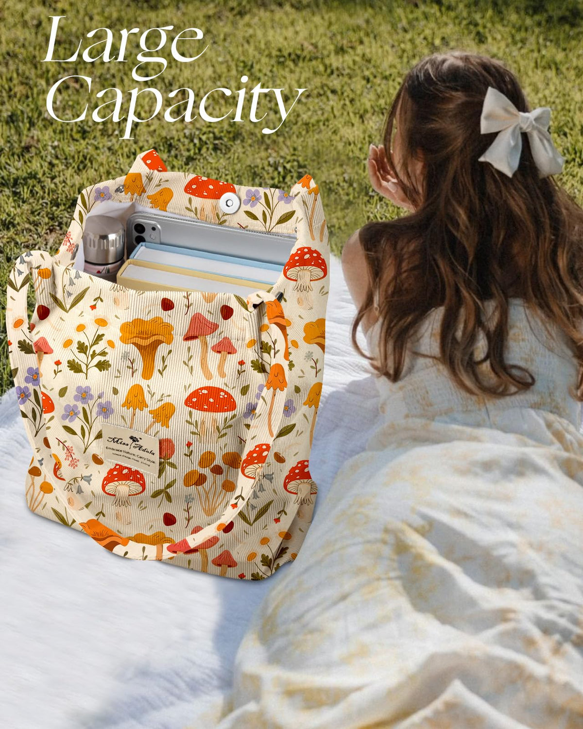 Miss Adola corduroy tote is machine-wash friendly for simple care