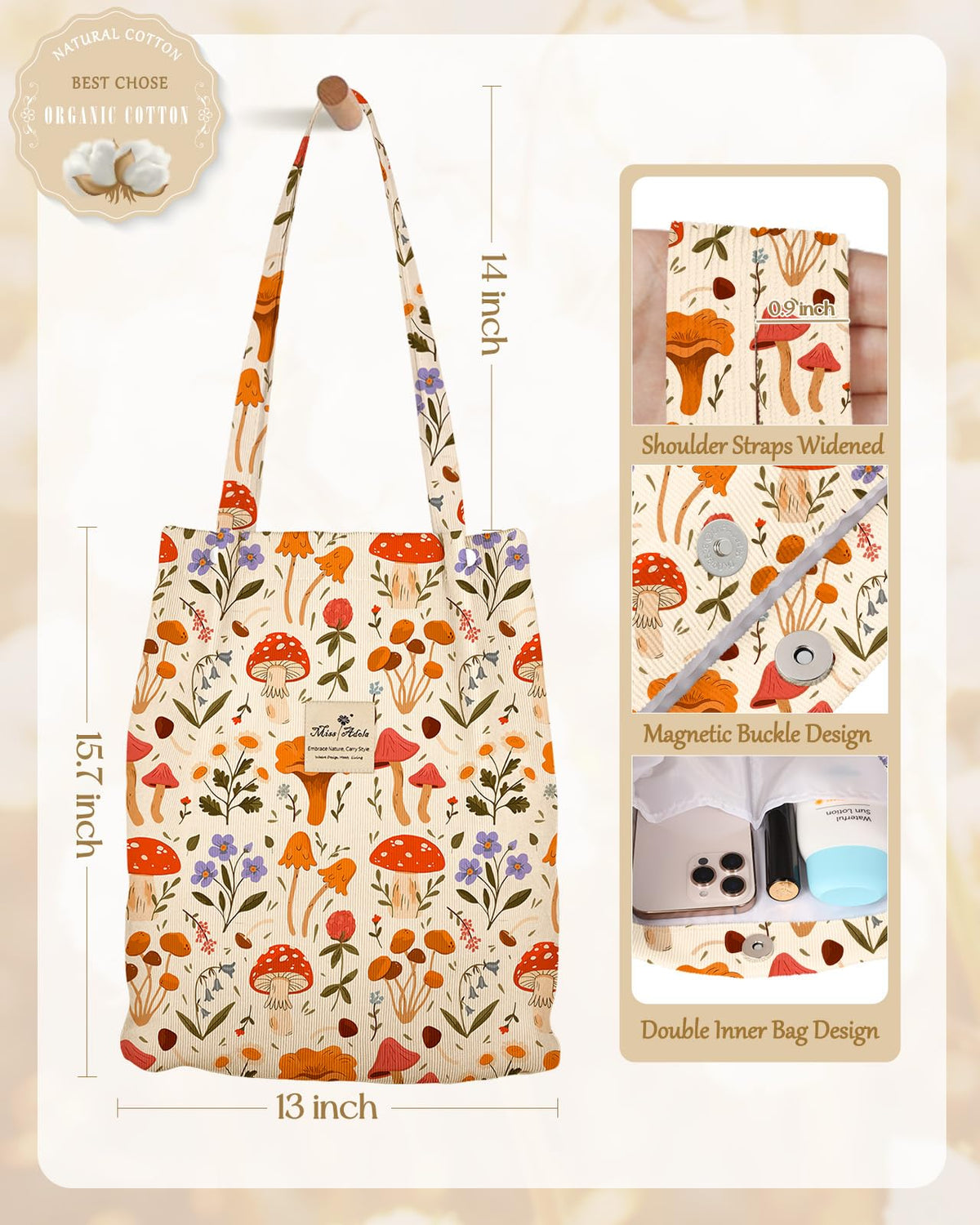 Miss Adola corduroy tote interior with pocket and main compartment for organization