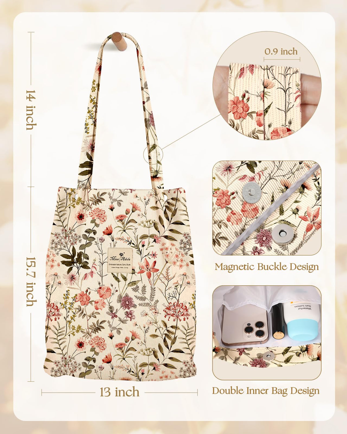 Miss Adola corduroy tote with adjustable shoulder straps.