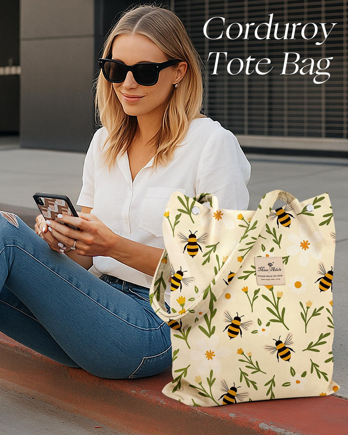 Miss Adola corduroy tote ideal for work and travel.