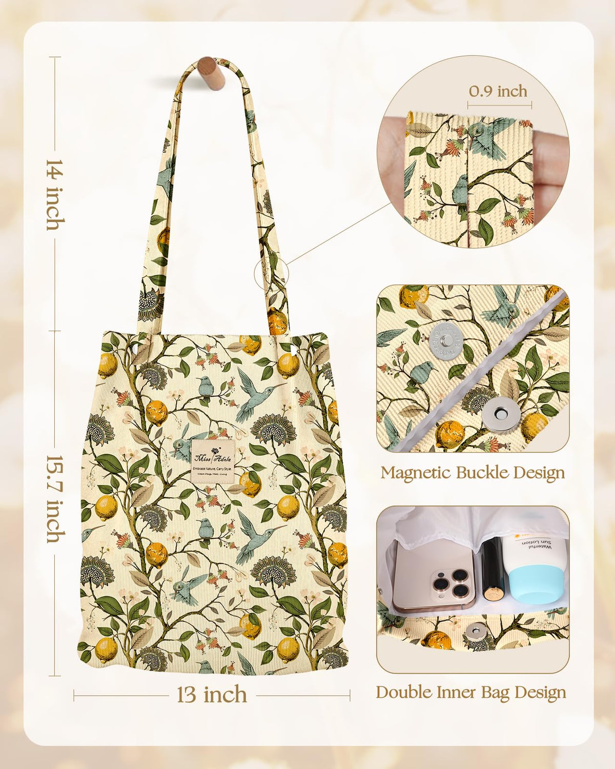 Miss Adola corduroy tote ideal for work or travel.
