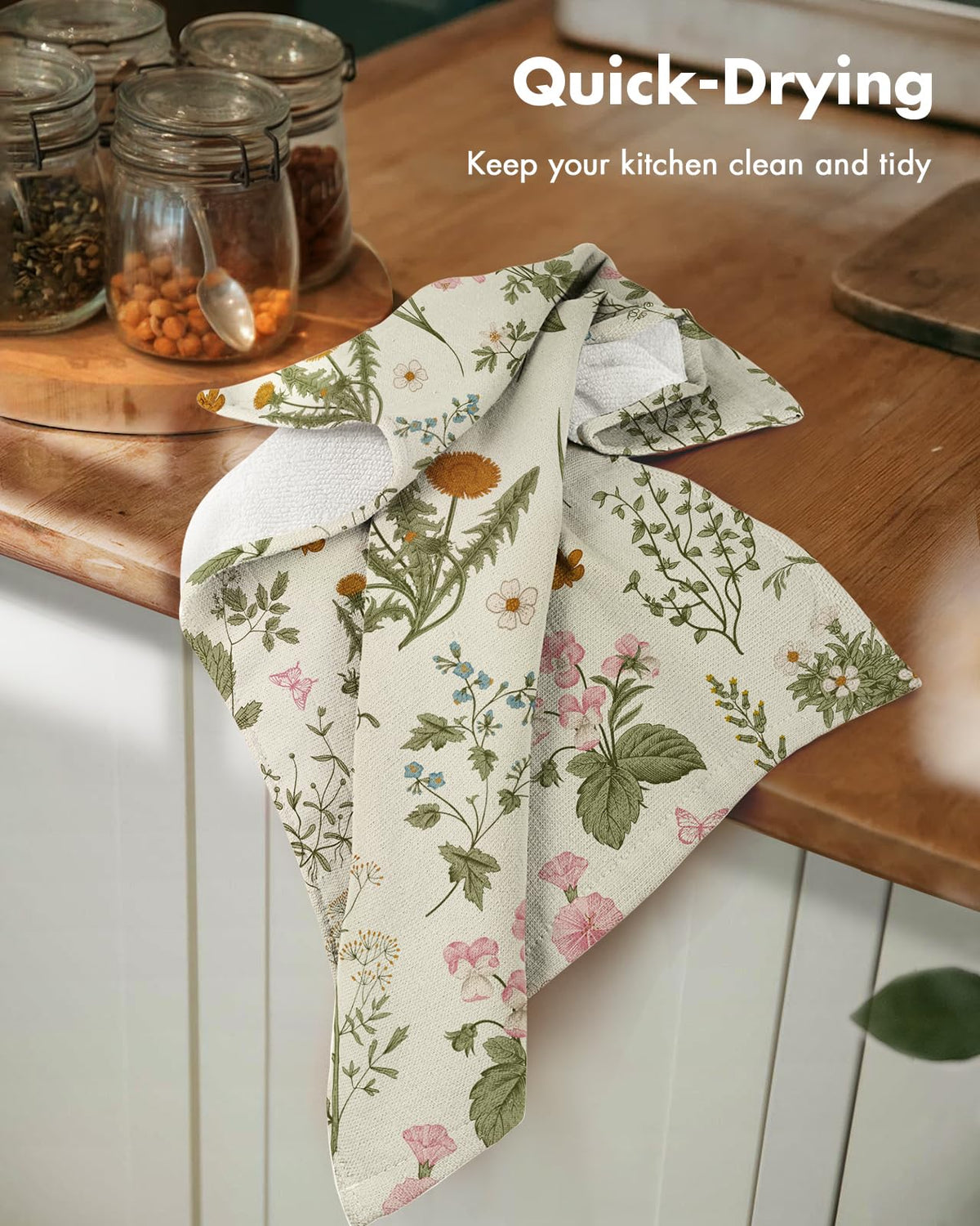Miss Adola floral towel design adds color while drying dishes.