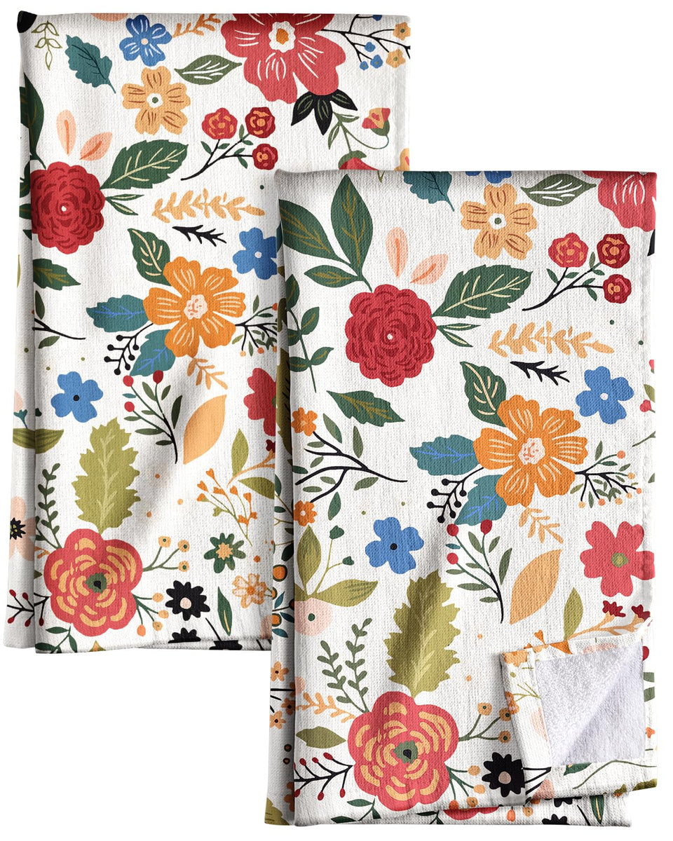 Miss Adola cotton kitchen towels set of 2 with beige floral design and hanging loop for easy storage.