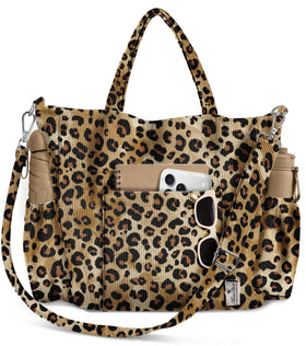 Miss Adola crossbody corduroy tote in leopard design, stylish daily carry for work and weekend outings.