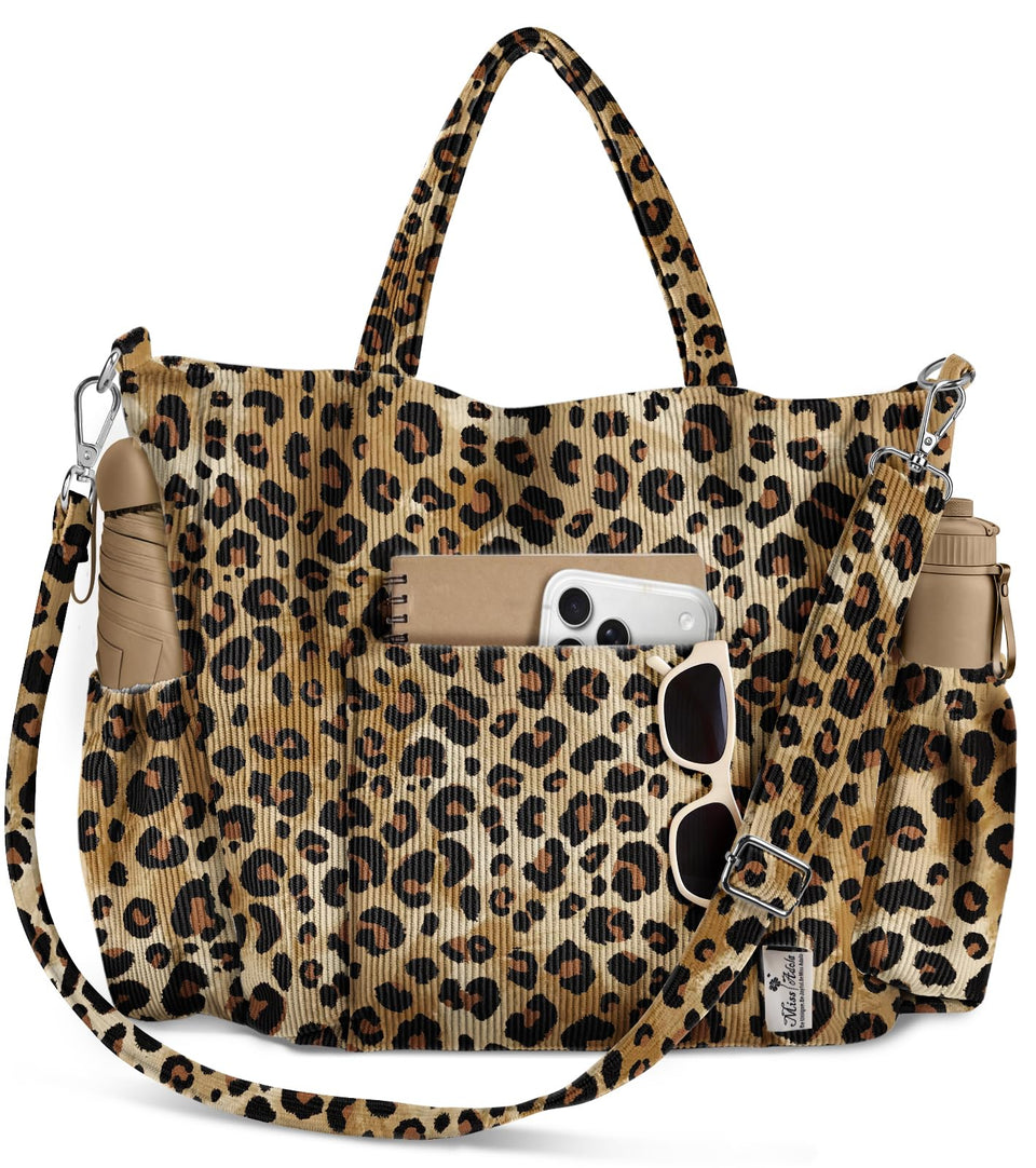 Miss Adola crossbody corduroy tote in leopard design, stylish daily carry for work and weekend outings.