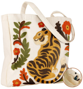Miss Adola embroidery canvas tote with tiger-in-flower design for daily shopping