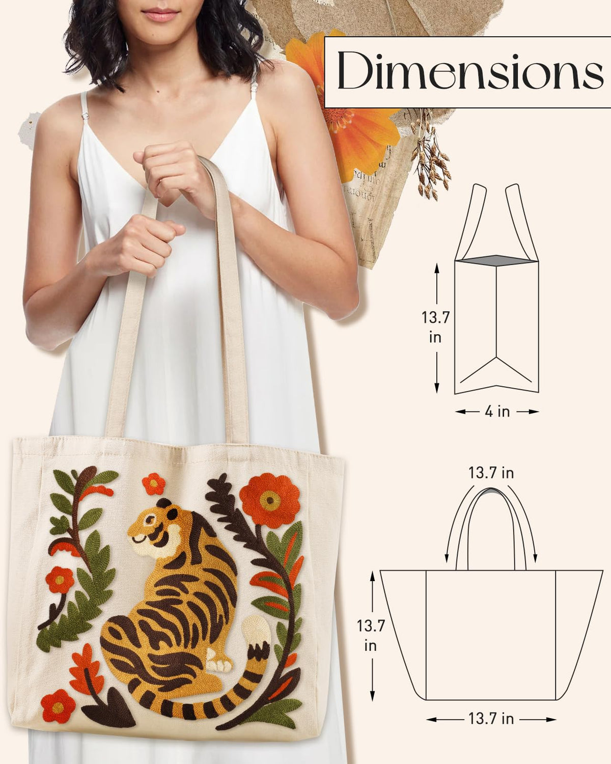 Miss Adola embroidery detail highlights textured linen tote elegance