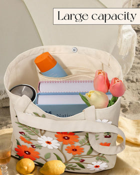 Miss Adola Embroidery Tote crafted in linen-canvas for durable, chic style.