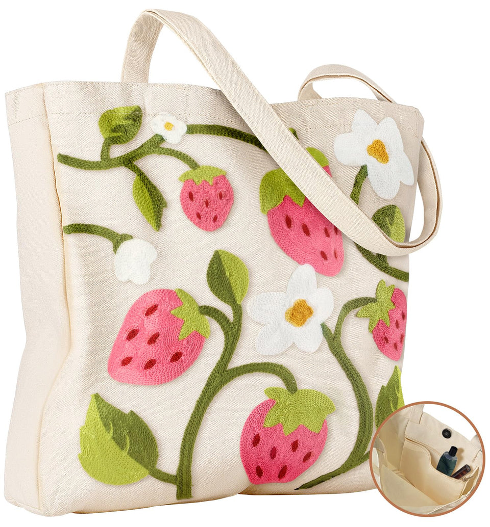 Miss Adola tote with strawberry flower embroidery on front for everyday style.