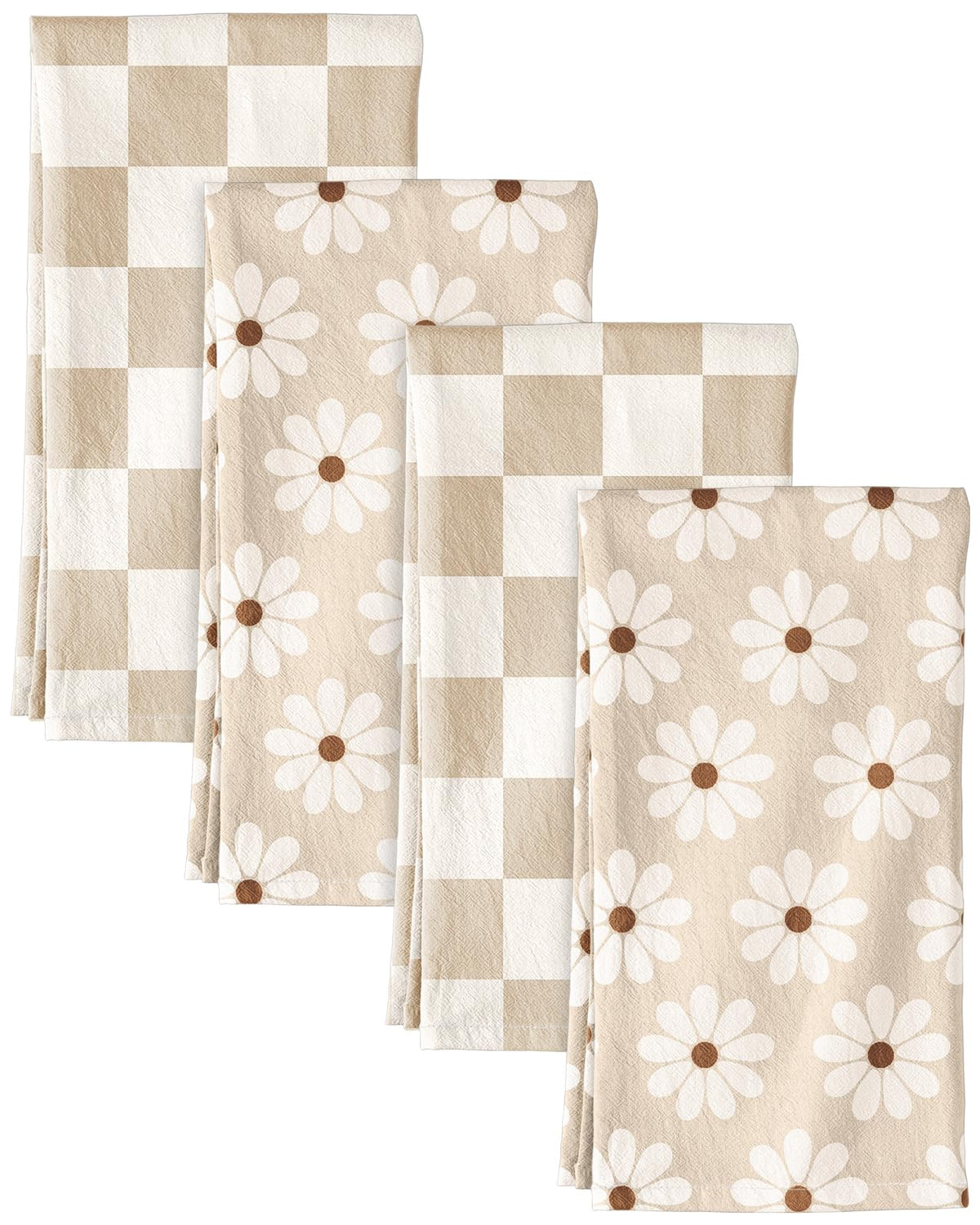 Miss Adola flour sack towel beige plaid daisy design for quick, stylish drying.