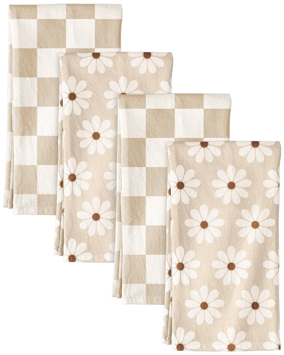 Miss Adola flour sack towel beige plaid daisy design for quick, stylish drying.