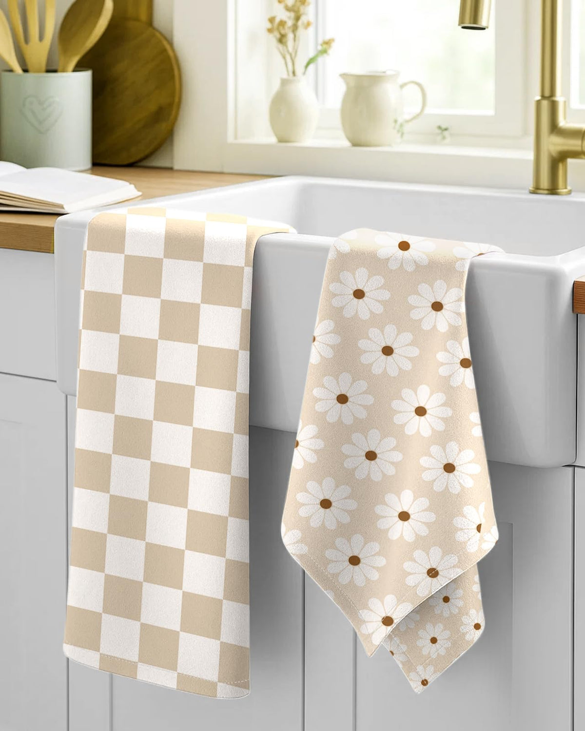 Miss Adola flour sack towel beige plaid pattern for absorbent cleaning.
