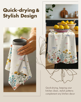 Miss Adola flour sack towel drying dishes without lint for clear glassware.