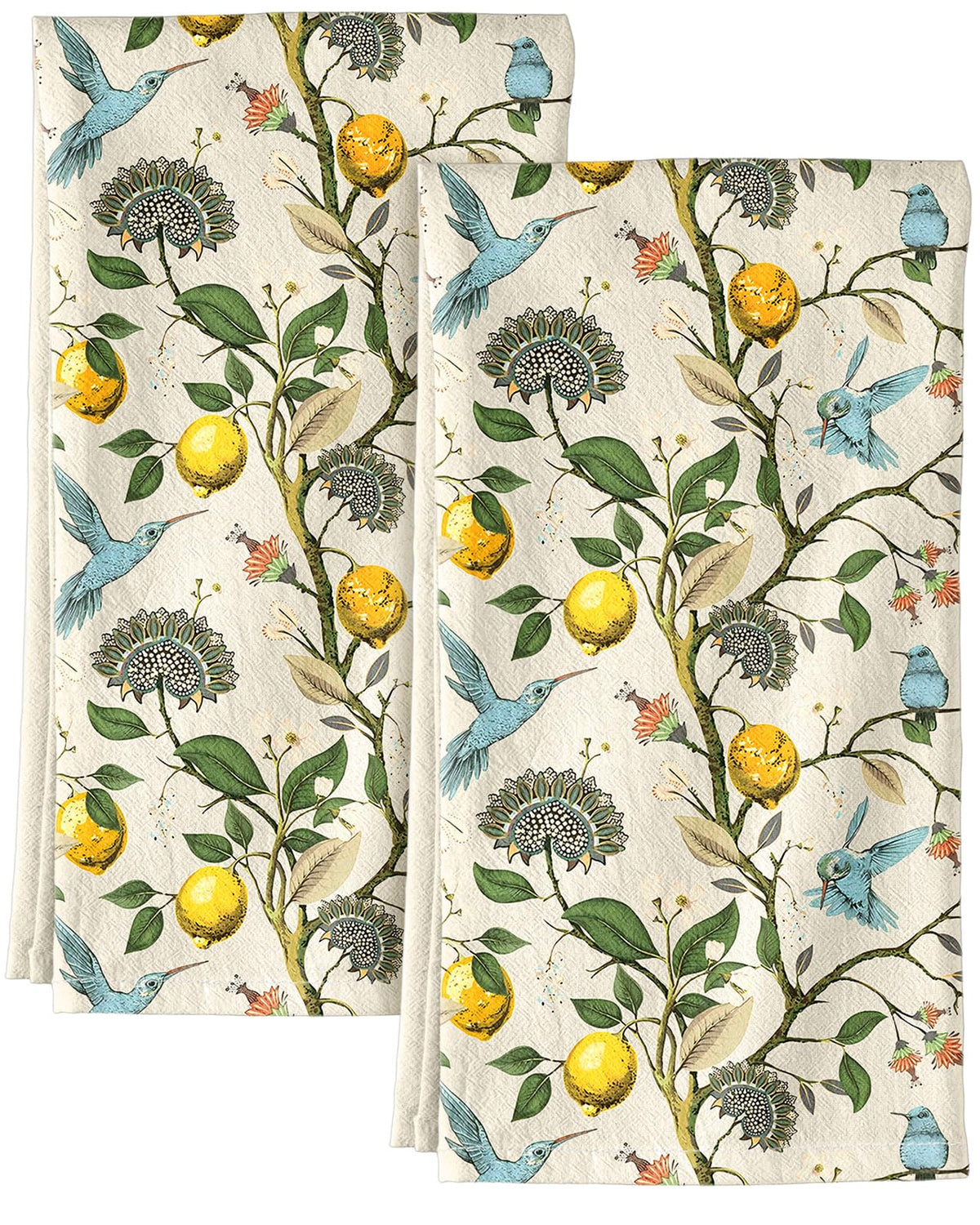 Miss Adola flour sack towel with lemon birds design adds stylish kitchen decor.
