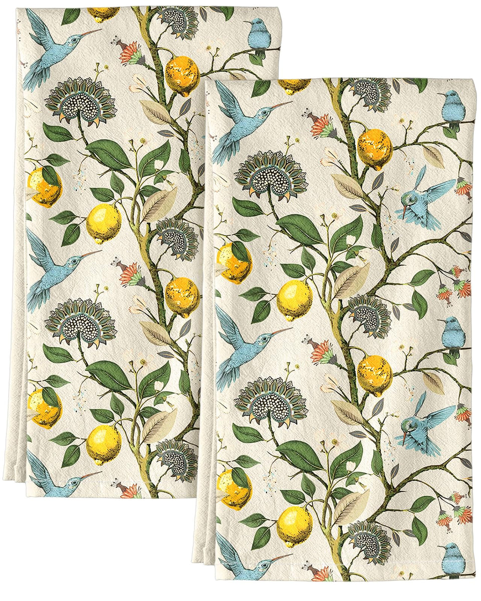 Miss Adola flour sack towel with lemon birds design adds stylish kitchen decor.