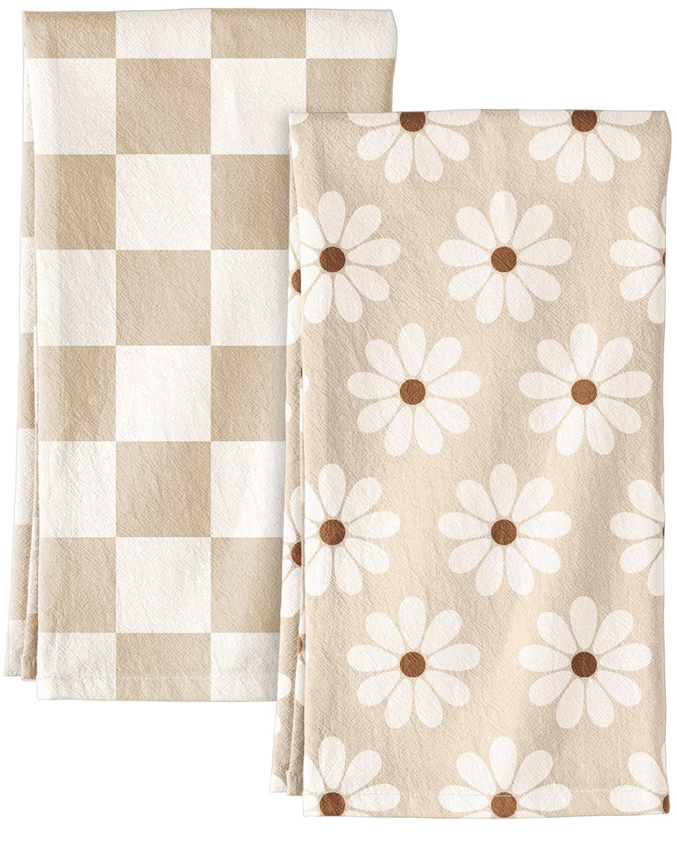 Miss Adola flour sack towels front view in beige checkered pattern for stylish kitchen decor