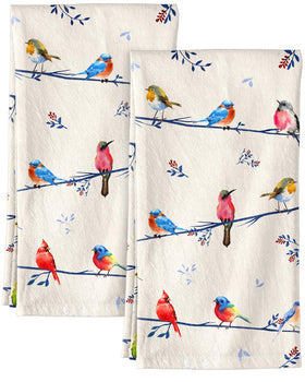 Miss Adola flour sack towels set with watercolor bird pattern for quick kitchen drying.