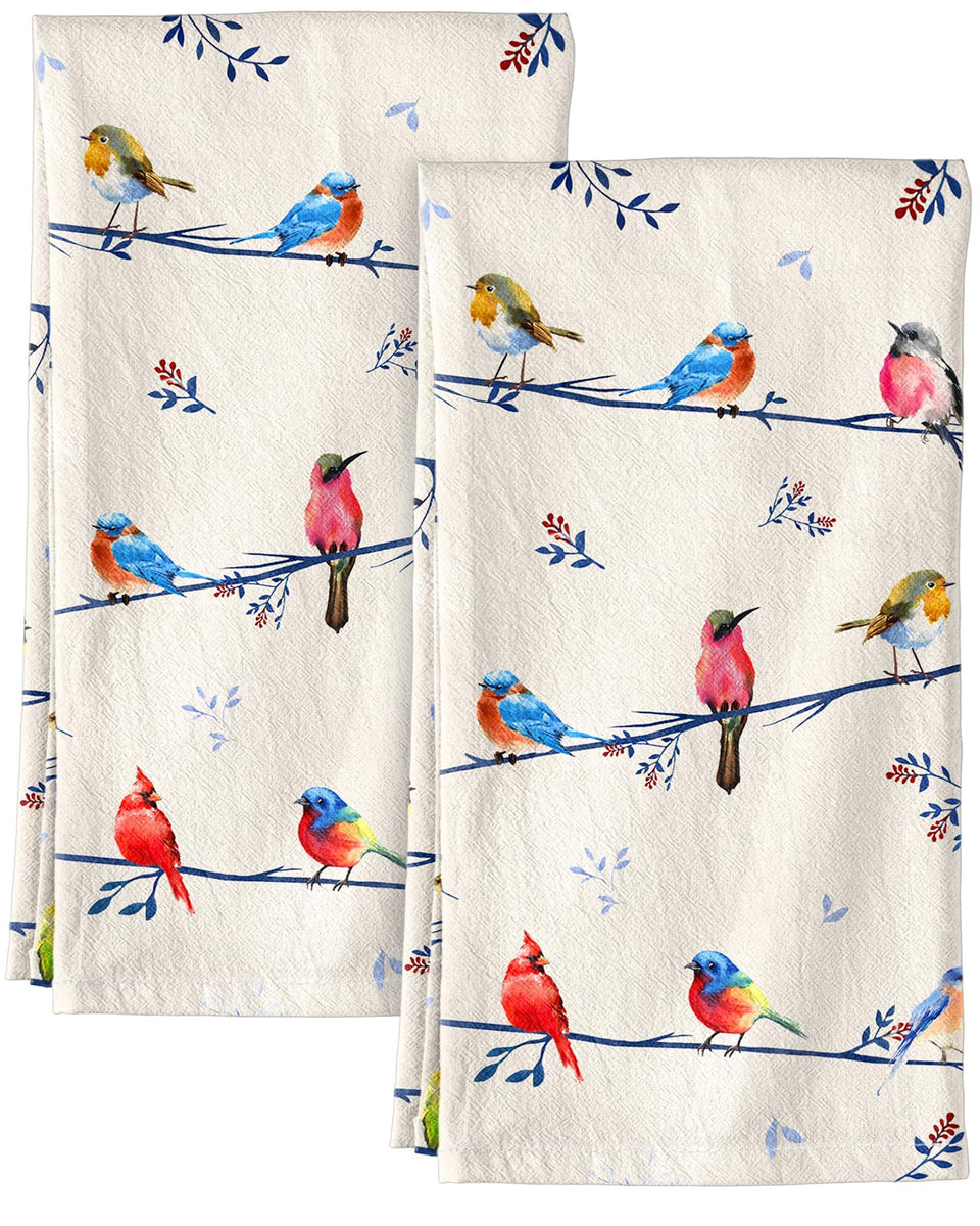 Miss Adola flour sack towels set with watercolor bird pattern for quick kitchen drying.