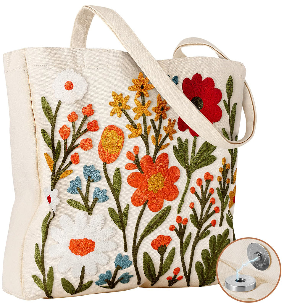 Miss Adola Flower Cluster Embroidery Tote showing vibrant 3D stitching for everyday shopping.