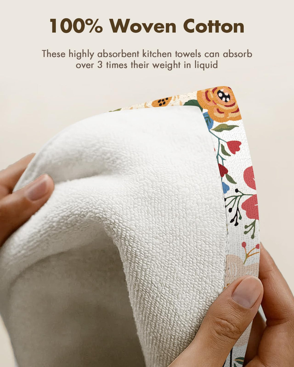 Miss Adola 16x26 inch towels in beige floral pattern for kitchen decor.