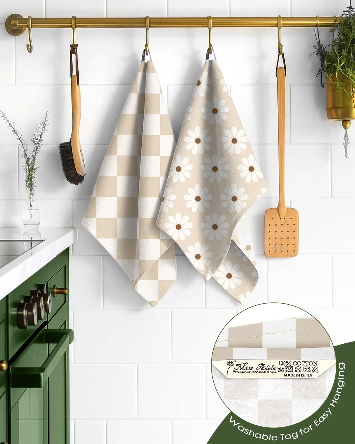 Miss Adola 4-pack towels with hanging loop for easy kitchen organization.