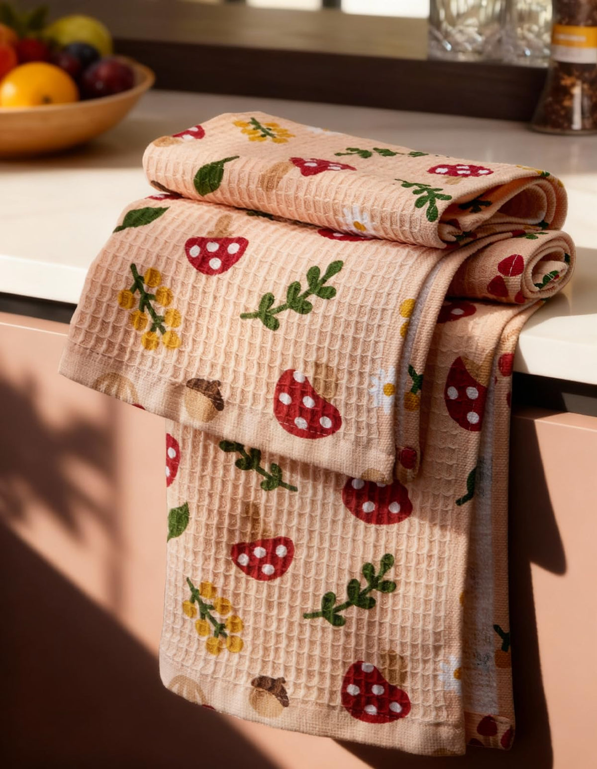 Miss Adola mushroom-pattern cotton waffle towel for drying dishes with high absorbency