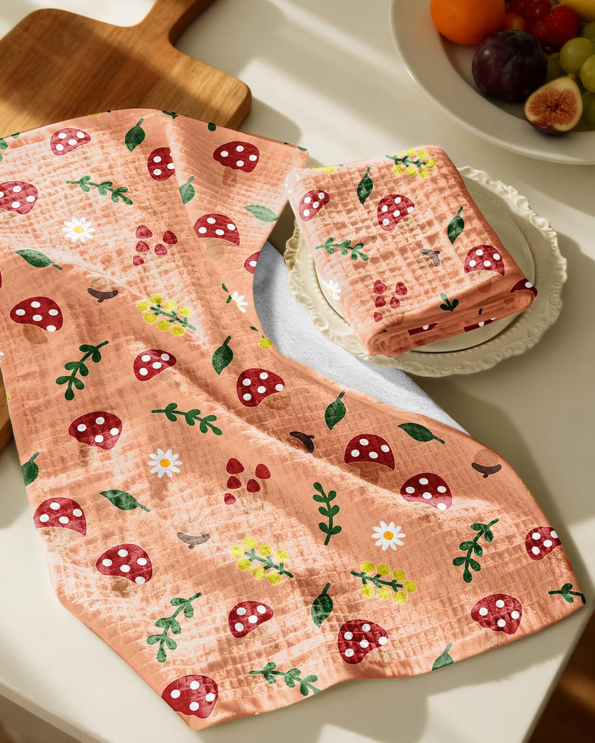 Miss Adola towel with hanging loop in mushroom pattern for easy reach