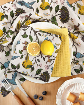 Miss Adola plain-weave towels provide decorative flair and daily cleaning utility