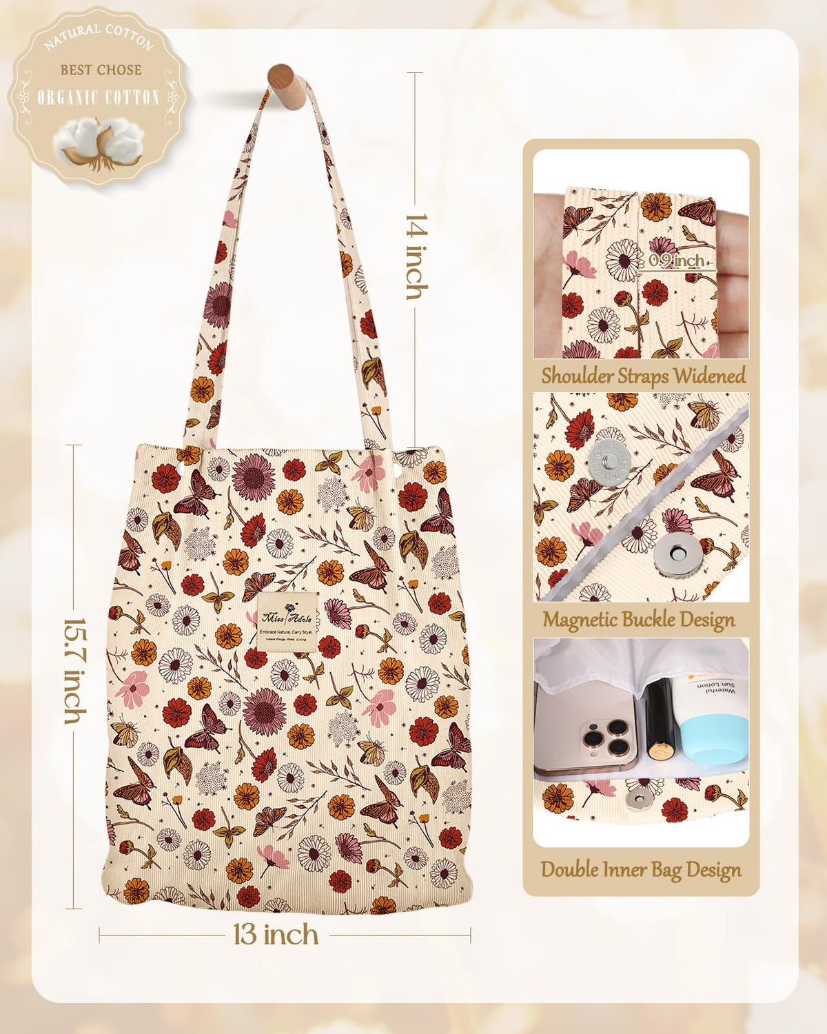 Miss Adola tote bag side view showing reinforced shoulder strap.