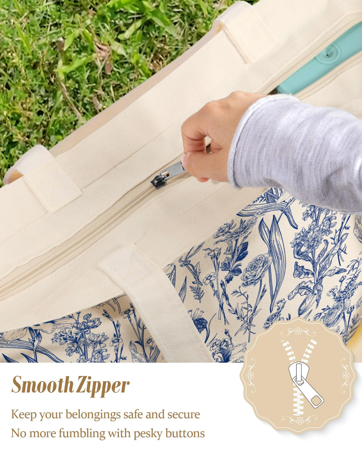 Miss Adola tote bag with hook graphic – stylish travel companion.